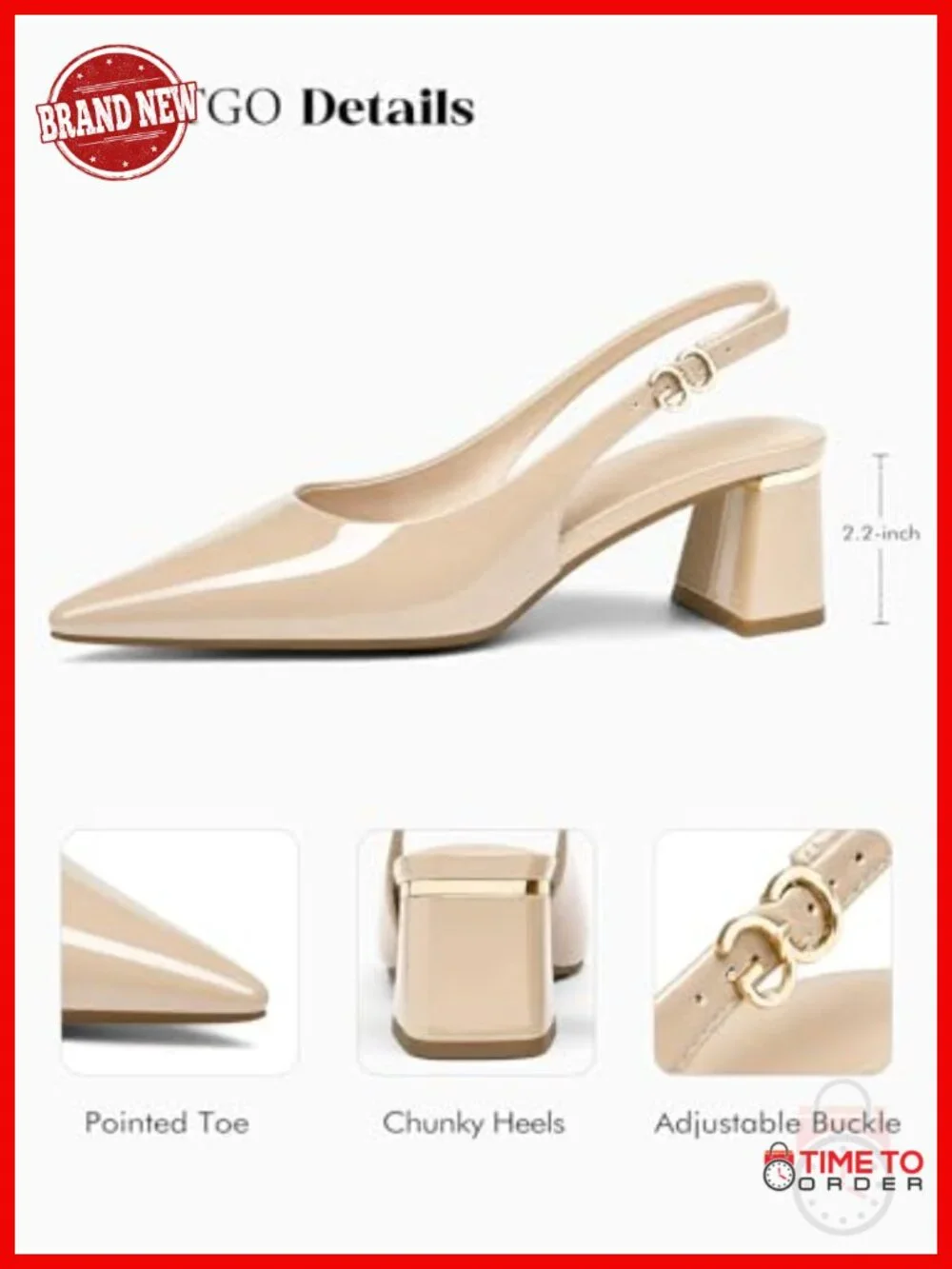 Womens Slingback Chunky Heel Pointed Closed Toe Pumps Adjustable Strap Work